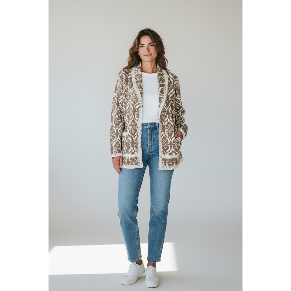 Heathmoor Damask Lace Trim Open Front Cardigan Taupe White Knit Jacket Boho XL